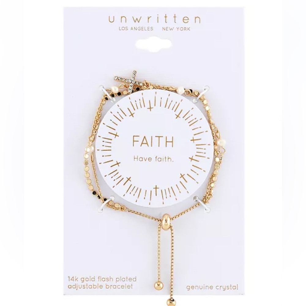 Unwritten 14K Gold Plated Gray Fresh Water Pearl Crystal Cross Double Bracelet